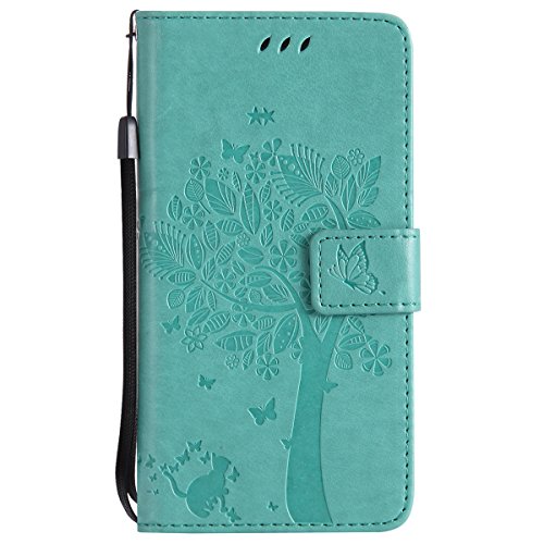 ISAKEN Kompatibel mit Huawei P9 Hülle, PU Leder Flip Cover Brieftasche Geldbörse Wallet Hülle Handyhülle Tasche Schutzhülle Hülle Etui mit Handschlaufe Strap für Huawei P9 - Baum Katze Grün