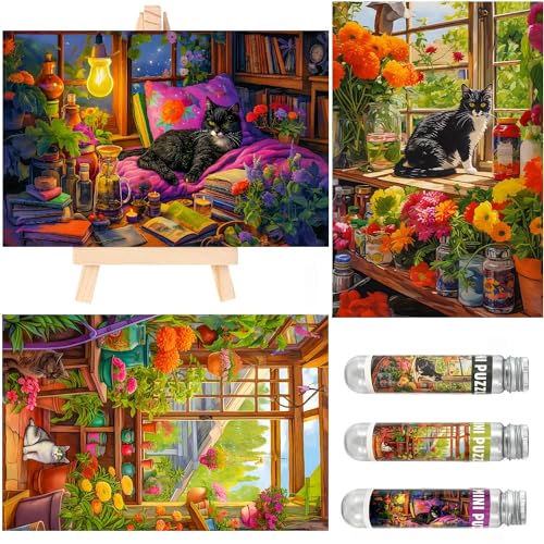 Puzzles pequeños para adultos 150 piezas pintura al óleo vintage gato Mini puzzles desafiantes 6 x 4 pulgadas, 3 piezas, incluído mini caballete miniatura 1