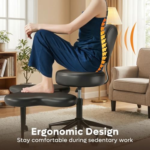 Image of Pinmoco Cross Legged Office Chair with Wheels, Ergonomic PU Leather Criss Cross Meditation Chair for ADHD, 360 Swivel Adjustable Height Desk Chair with Lumbar Support for Home Office Yoga, Black