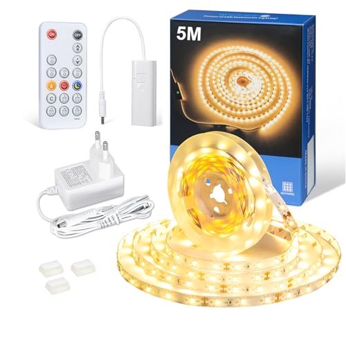 WOBANE Striscia LED Bianco Caldo 3000K, Strisce Led 5 M con Telecomando Dimmerabile,Nastro Luce Led Adesiva con Alimentatore per Cucina Sottopensile,Negozio,Camera da Letto