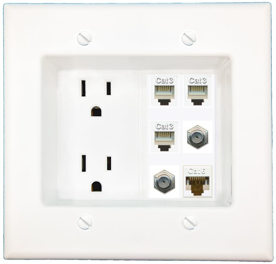 RiteAV Recessed Duplex Receptacle Outlet CAT6 2 Coax 3 Phone Wall Plate White
