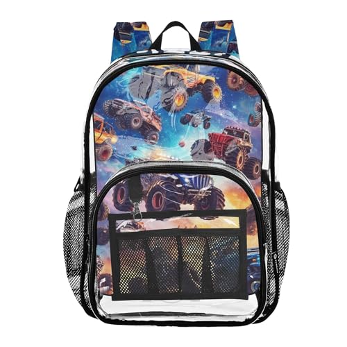 Galaxy Monster Truck Cars Clear Backpack PVC Transparent Backpack Lightweight Book Bags Capacity Clear Bag for Boys Girls