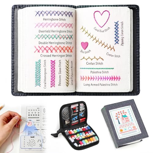 Embroidery Stitche Book Stickstichbuch Set mit Nähkasten & Anleitung Hochdichtes Leinen DIY-Stickbuch mit 143 Stich-Schrittanleitungen Tragbares Embroidery-Paket für Anfänger und Bastelbegeisterte