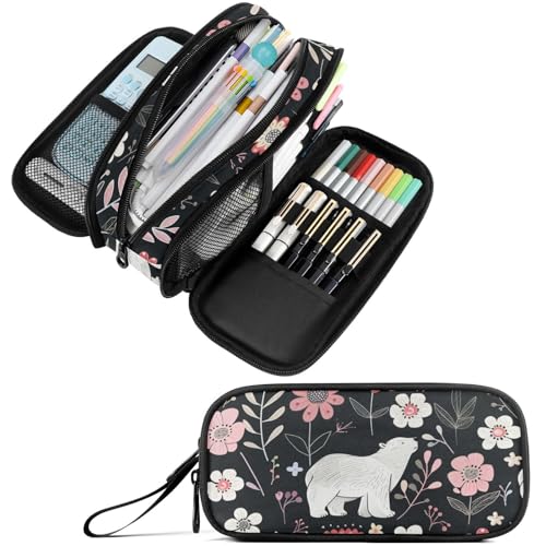 Image of Fustylead Cute White Polar Bears and Beautiful Flowers Pencil Pen Case Stationery Bag 3 Compartments School College Office Organizer Cosmetics Bag