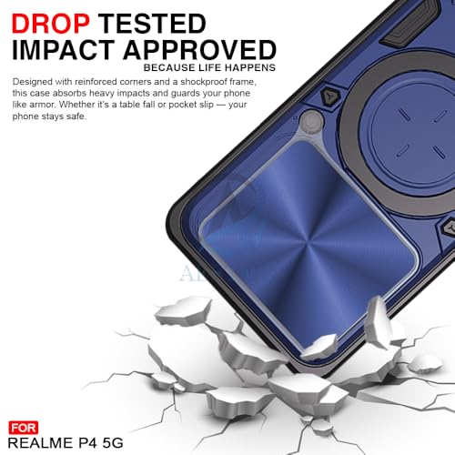 Image of AESTMO Tough Armor Realme P4 5G Bumper Back Case Cover | Ring Holder & Sliding Camera Shield Cover | 360 Degree Protection Back Case Cover for Realme P4 5G (D20 Blue)