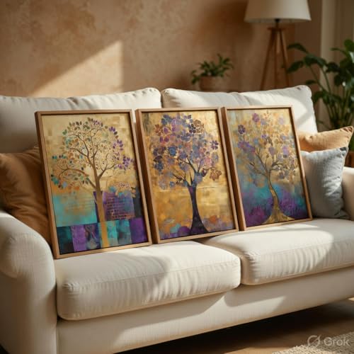 Image of Livin'luxe Abstract Tree Wall Painting Set of 3 with Wooden Frames | Modern Golden Tree Artwork HD Sparkle Laminated MDF Wall Decor | Elegant Nature Tree Wall Art for Living Room Bedroom