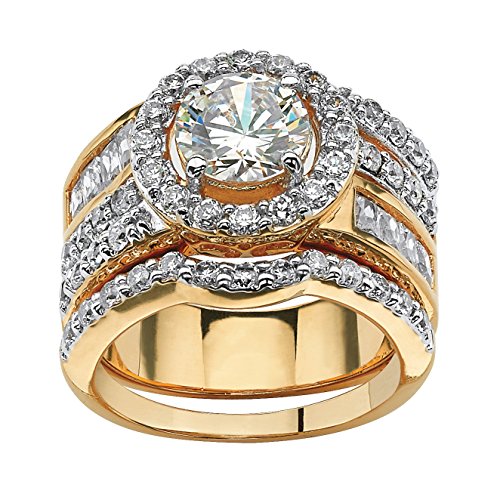 Palm Beach Jewelry 18K Yellow Gold Plated Round Cubic Zirconia Multi Row 2 Piece Halo Bridal Ring Set Size 7