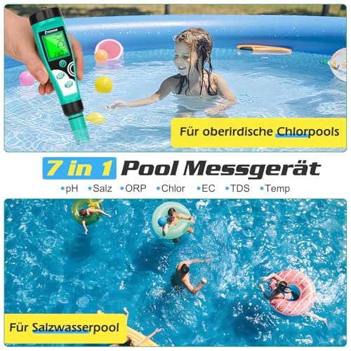 UIUZMAR Pool Chlor und pH Messgerät, Digitales Salzgehalt und ORP Messgerät, 7 in 1 Wassertester misst pH-Wert, Freies Chlor, Salz, ORP, EC, TDS und Temperatur für Aquarien, Hydroponik und Whirlpools
