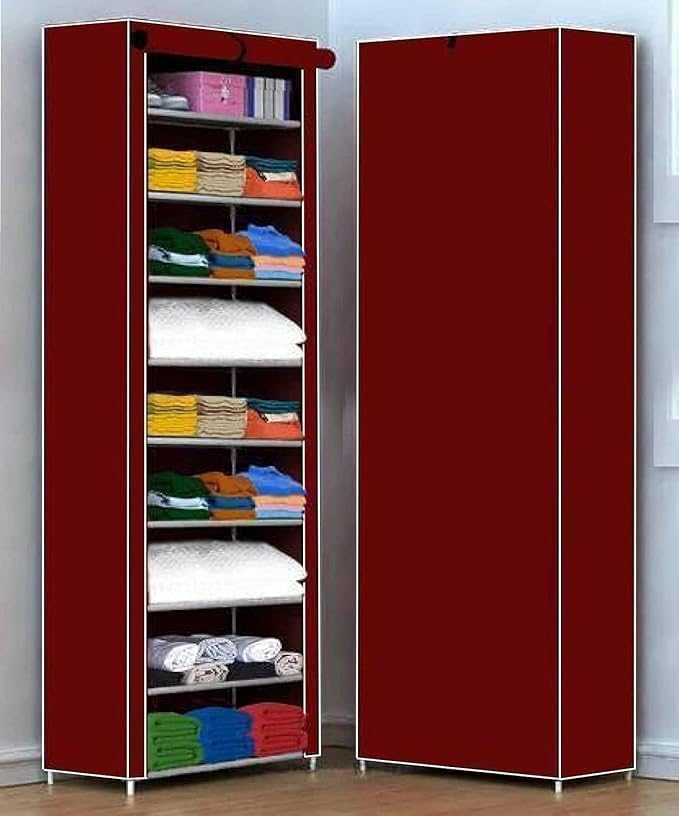 Image of YouCopia Collapsible Wardrobe 9 Shelves Storage Clothes Storage Rack Quick Wardrobe /Cabinet /Multipurpose Storage Rack, Foldable, Collapsible Fabric RollOut Fridge for Home Office (Maroon, 9-Layer)