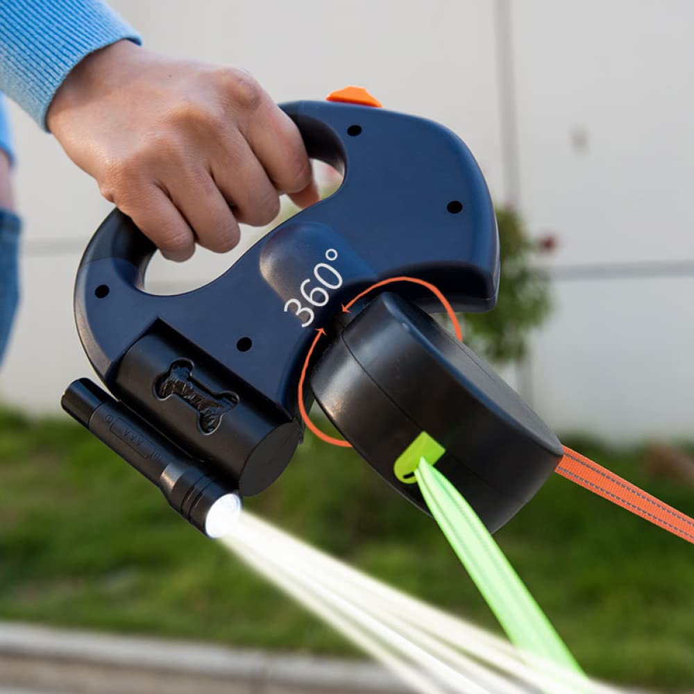Doppio guinzaglio retrattile per cani - Guinzaglio per animali domestici allungabile a doppia testa per impieghi gravosi da 10 piedi con torcia a LED, borse per cacca, corda elastica riflettente - Sen