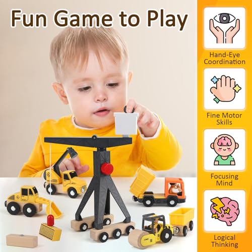Vanplay Baustellenfahrzeuge Kinder Kran Spielzeug Holzspielzeug Baustelle Spielzeug ab 3 Jahre Junge mit Turmkran Bagger Kranwagen… – Ansicht 4