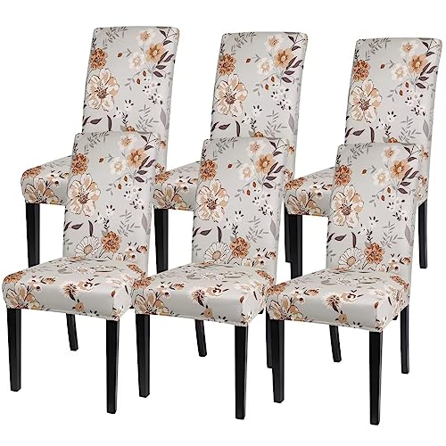 Image of SearchI Printed Dining Room Chair Covers Set of 6, Stretch Kitchen Chair Covers Washable Parsons Chair Slipcover Removable Dining Chair Protectors for Hotel,Ceremony(Brown Floral)