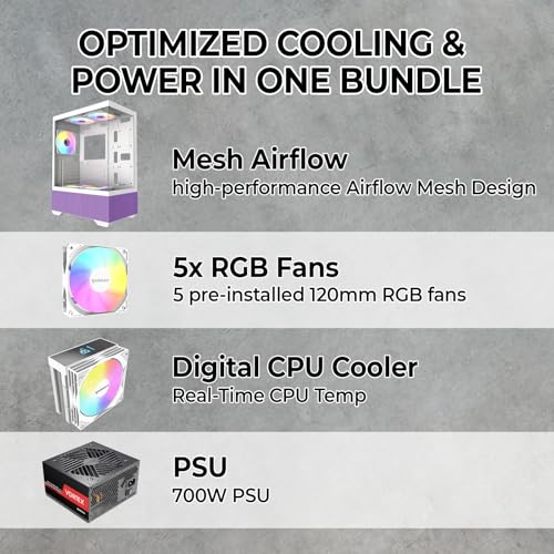 Image of Raidmax i802 Vibe Series ATX Mid Tower Gaming Case Bundle - Tempered Glass Side Panel, Includes 700W 80+ Power Supply, AM1204 Digital Display Air Cooler, and 5 Pre-Installed FRGB Fans (Purple)