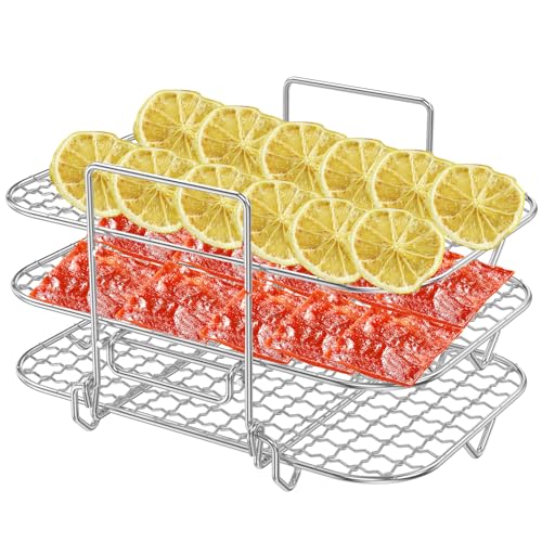 Air Fryer Rack, 3 Layer Dehydrator Rack, Air Fryer Three Stackable Racks, Stainless Steel Air Fryer Grill Rack, Multifunctional Grilling Rack for Double Basket Air Fryer Baking