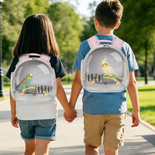 Image of Small Bird Travel Backpack Carrier Cage with Cups, Backpack to Transport Backpack Carrier with Clamp Cups Stand Perch for Parakeet Cockatiel Budgies Vet Carry Book Bag Pink