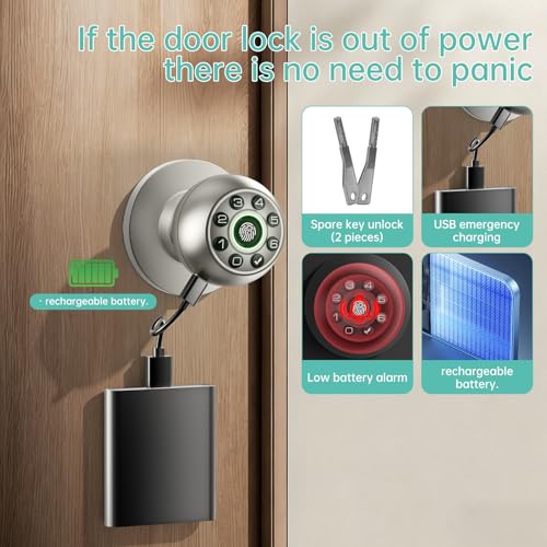 Image of Fingerprint Door Lock - Smart Door Knob, Biometric Door Lock with Keypad Passcode Door Handle for Bedroom Home Office (Silver)