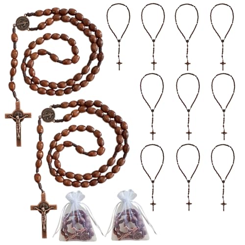 Image of Bovemee Saint Benedict Medal Prayer Pocket Rosary Catholic Brown Wood Beads with Medalla de san benitol and Crucifix, 9 Inch