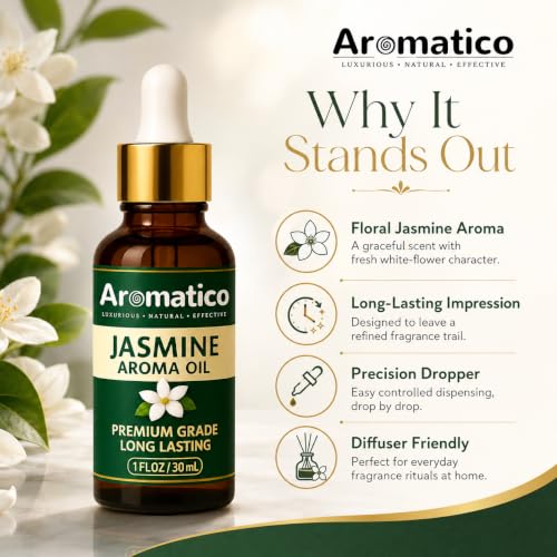 Image of AROMATICO Jasmine Diffuser Oil for Long-Lasting - Natural Home Fragrance Oil for Aromatherapy, Meditation & Concentration | Versatile Use in Diffusers, Air Fresheners 30ml