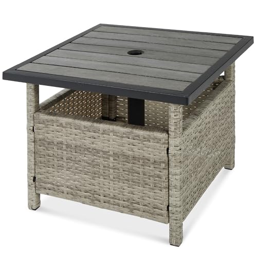 Best Choice Products Wicker Side Table with Umbrella Hole Square PE Rattan Outdoor End Table for Patio Garden Poolside Deck w/UV-Resistant Frame Storage Space - Gray