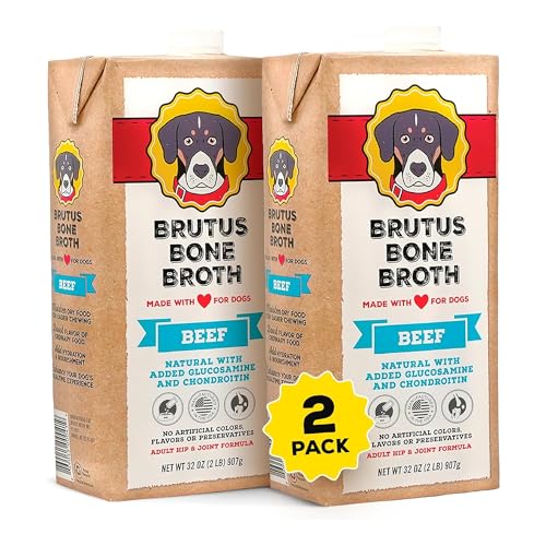 Brutus Beef Bone Broth for Dogs - All Natural Bone Broth with Chondroitin Glucosamine & Turmeric, Human Grade Food Toppers for Picky Eaters & Dry Food -Tasty & Nutritious- Pack of 2
