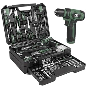 Prostormer Tool Set with 8V Cordless Drill, 369-Piece Home Tool Kit with Drill Driver, Toolbox Storage Case with Drawer, General Household Tools for Home Repairs and DIY, Handyman (Green)