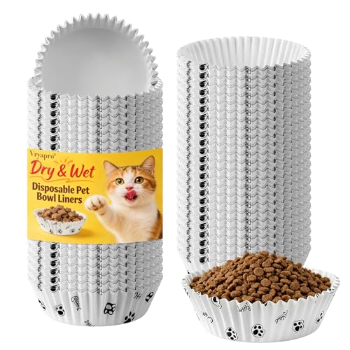 300 Pcs Disposable Pet Bowl Liners with Cute Paw Pattern Small Paper Dish Pads Leak-Resistant Meal Inserts for Cats & Small Dogs Dry or Wet Food Feral Cat Feeding Station(Paw & Fish Bone Design)