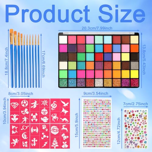 Face Painting Kit for Kids, 54 Color Professional Face Painting Kits with 10 Brushes and Stencils，Water Based Non Toxic Face Paint for Kids