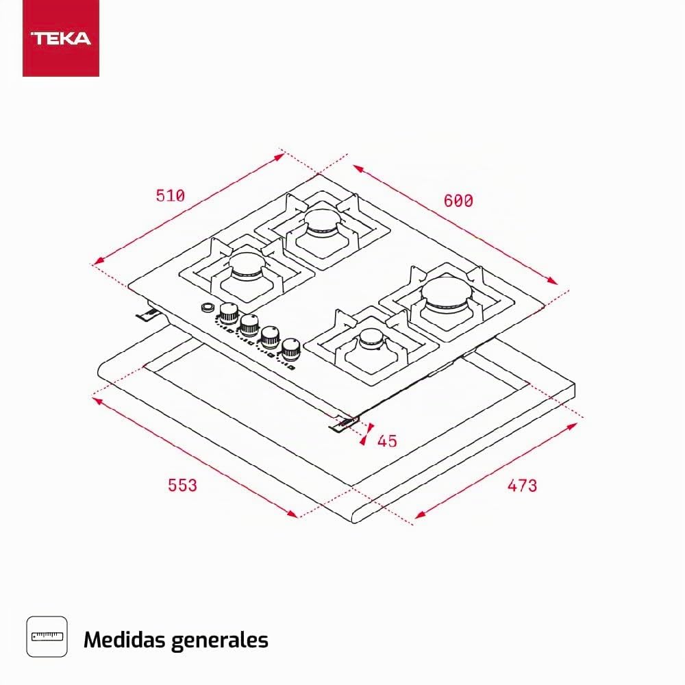 Teka EFX 60.1 2G 2H AI AL - Placa Mixta 4 Zonas de Cocción (2 Fuegos de Gas Butano y 2 Fuegos Vitrocerámica), Mandos Frontales, Inyectores para Gas Natural Incluidos, Color Acero Inoxidable