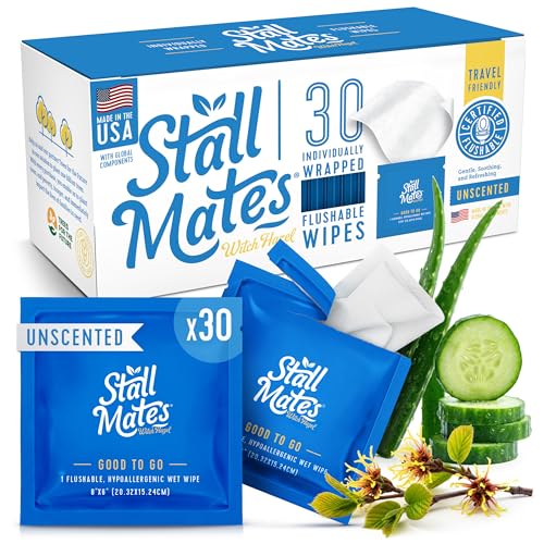 Stall Mates Witch Hazel: Flushable Wipes Individually Wrapped Travel Friendly Soothing Witch Hazel Unscented with Cucumber Aloe and Chamomile (30 on-the-go singles)