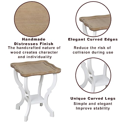 COVLON Farmhouse End Table, Wood Square Side Table, 2 Tiers Accent Table for Family, Living Room or Small Spaces, Concave Legs, White and Brown