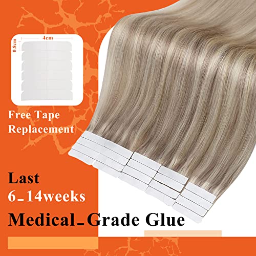 Image of Full Shine Straight Human Hair Extensions Tape in 18Inch Seamless Hair Extensions Real Human Hair Highlighted Hair Extensions Ash Blonde with Platinum 20Pcs 50Grams Add Volume Remy Hair Extensions
