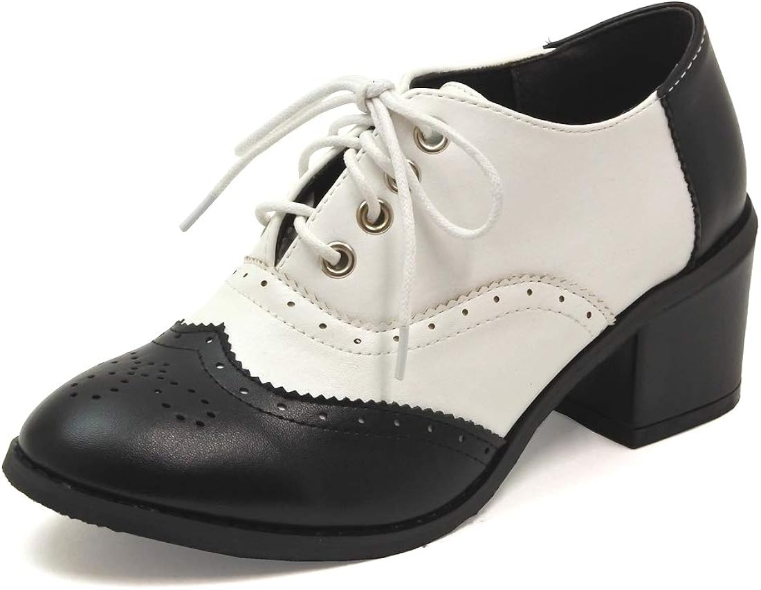 ノーブランド レディース オックスフォードシューズ レースアップ 太ヒール ブラック ホワイト ブランド品