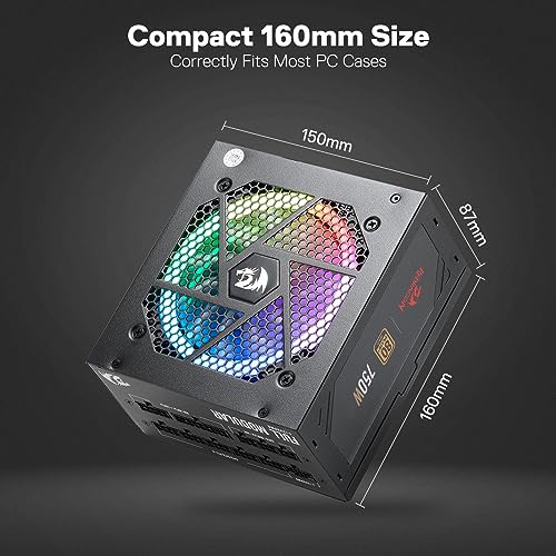 Image of Redragon RGPS-750W 80+ Gold 750 Watt ATX Fully Modular Power Supply w / 80 Plus Gold Certified, Compact 160mm Size & RGB Low Noise Smart-ECO 0 RPM Fan, 100% Japanese Capacitors, Full Mod Cables, Black