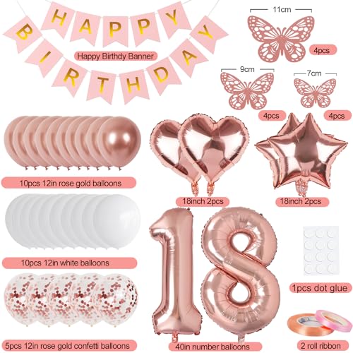 Image of Rose Gold 18th Birthday Decorations for Girl Women, 18 Year Old Sign with Happy Birthday Banner, 40In Number 18 Foil Birthday Balloons, Butterfly Decorations, Heart and Star Balloons