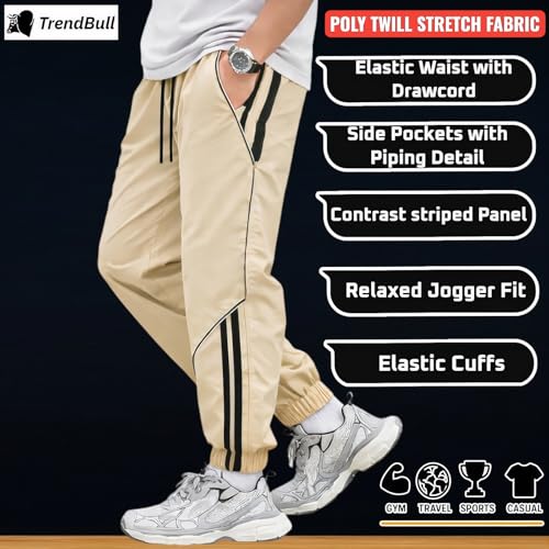 Image of Men Beige Joggers | Poly Twill Stretch Track Pants with Contrast Side Stripes & Piping Detail, Side Pockets & Elastic Ankle Cuffs | Casual, Gym & Travel Trousers