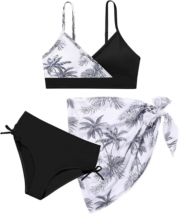 Image of Girls Swimsuit V Neck Bikini Set Color Block with Cover Up Skirt 3 Piece Bathing Suits Tween Swimwear 9-16 Years