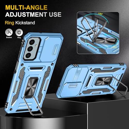 Image of Polycarbonate Slide Camera Cover with Ring Holder Mobile Phone Back Cover for Samsung Galaxy A15 5G /A15 4G (Blue)