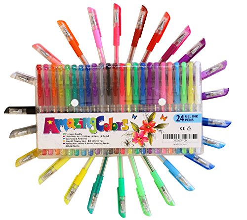 Amzing Colors Glitter Metallic Pastel and Neon Coloring Pens Set with Drawing ebook (Pack of 24)