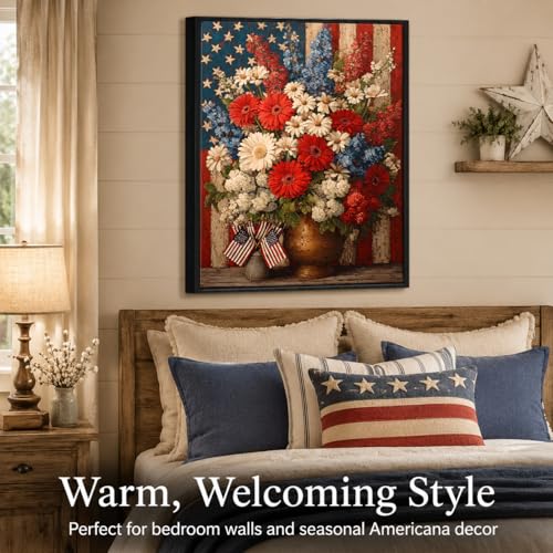 Image of American Flag Framed Canvas Wall Art, 4th of July Floral Canvas Prints, Wildflower Landscape Patriotic Decorations, Vintage Rustic Independence Day Wall Decor for Bedroom Living Room Office 20x24