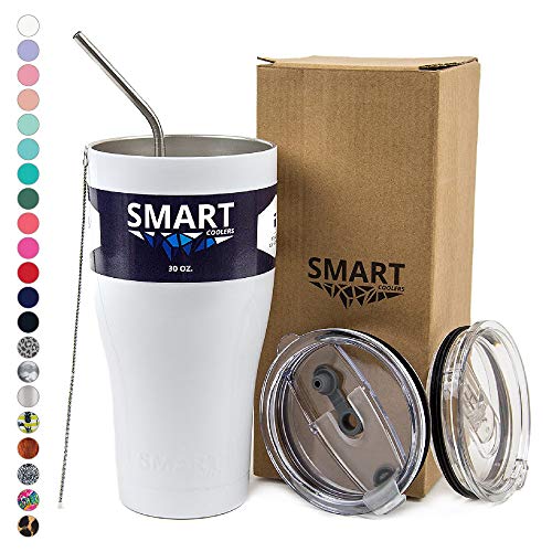 Smart Cooler 30 Oz. Sweat Free Ultra-Tough Double Wall Stainless Steel Tumbler Cup with Leak-proof Heavy Duty Tumbler Lids (Slide Lid & Flip Lid), Straw, & Cleaning Brush - White - Thumbnail 3