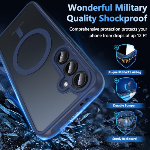 Image of OWKEY for Samsung Galaxy S24 FE Case 6.7'', Magnetic Galaxy S24 FE Case for Magsafe with Tempered Screen Protector [Shockproof Military] Translucent Matte Bumper Phone Cover Samsung S24 FE 5G, Blue