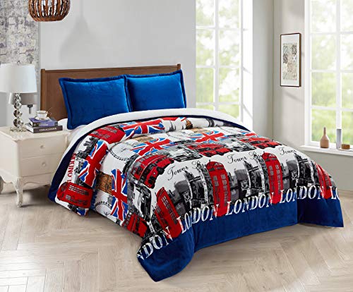 FOREN TEX Manta para Cama y sófa Franela con Sherpa Blanca (S-3089 + Bajera, Cama 90 y 105) Londres Llevan Fundas de Almohada (50x70) más una Bajera Ajustable Extra Suave Súper Cálida