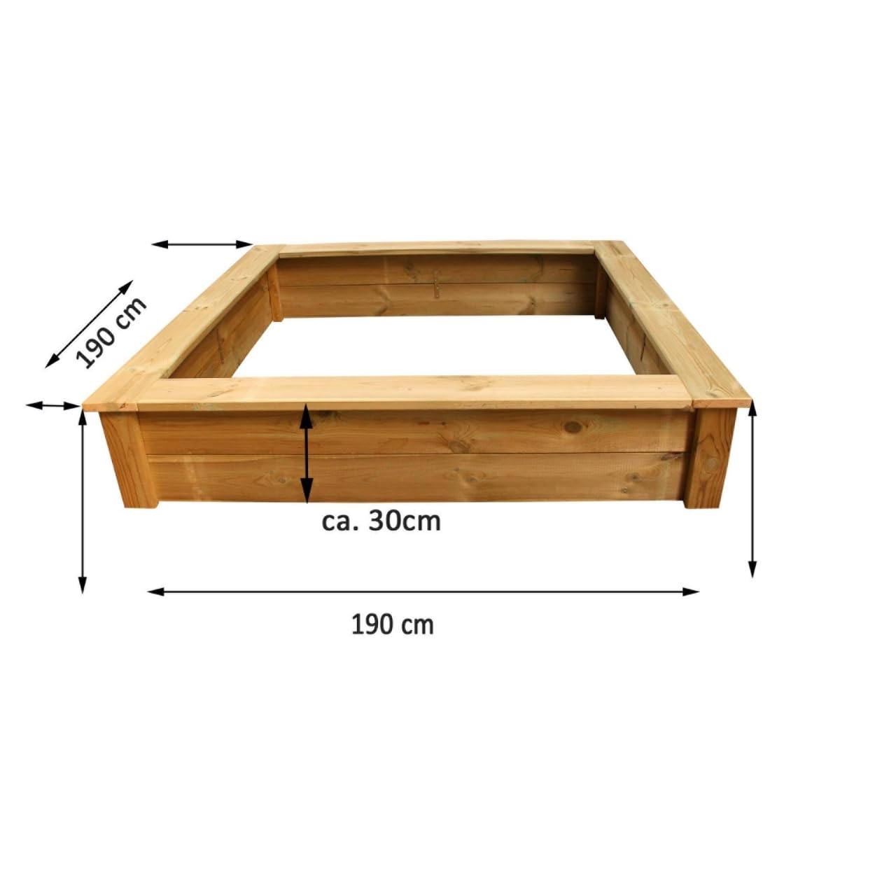Clamaro 'Beach' Holz Sandkasten 190 x 190 cm extra stabil aus Fichte Massivholz Bohlen (28mm stark, imprägniert), Sitzumrandung mit abgerundeten Kanten, verzinkte Schrauben - 100% Made in Germany