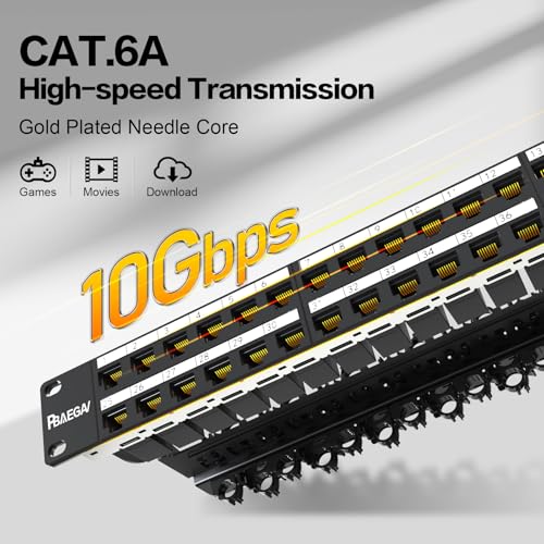 Image of Patch Panel 48 Port with Cat6A Keystone Jack【EC Listed】 UTP with Cable Management and Support Bar for 10 Gigabit Ethernet 110 or Krone Impact Tools Compatible(CAT6A,48Port