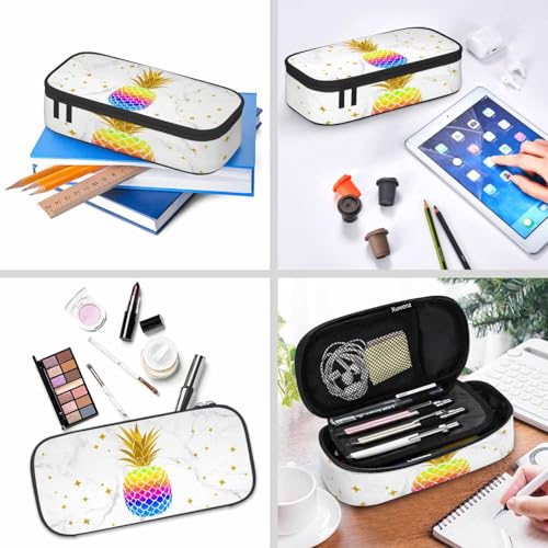 Image of White Marble Pencil Holder Bag Pineapple Fruit Gold Stars Pencil Case College Office School for Teens Boy Girl