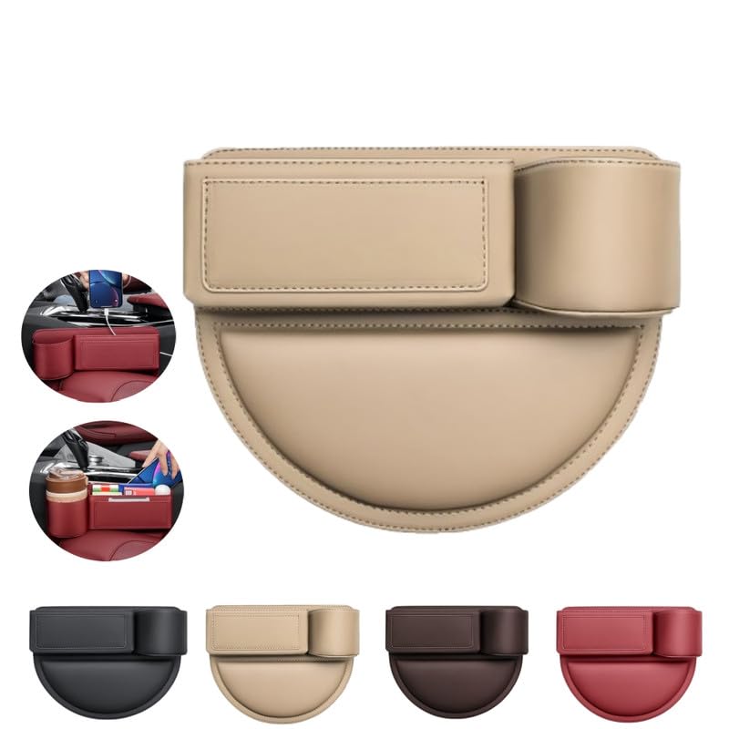 Car Leather Cup Holder Gap Bag,2024 NEW Seat Gap Storage Box,Adjustable Car Gap filler,Leather Cup Holder Gap Bag with Cup Holder for Phones Glasses Keys Cards(Beige,Passenger Seat)