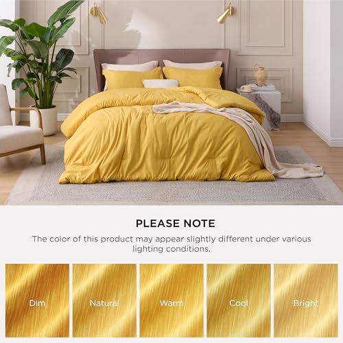 Image of Bedsure Queen Comforter Set - Yellow Comforter Queen Size, Soft Bedding for All Seasons, Cationic Dyed Bedding Set, 3 Pieces, 1 Comforter (90 inchx90 inch) and 2 Pillow Shams (20 inchx26 inch+2 inch)