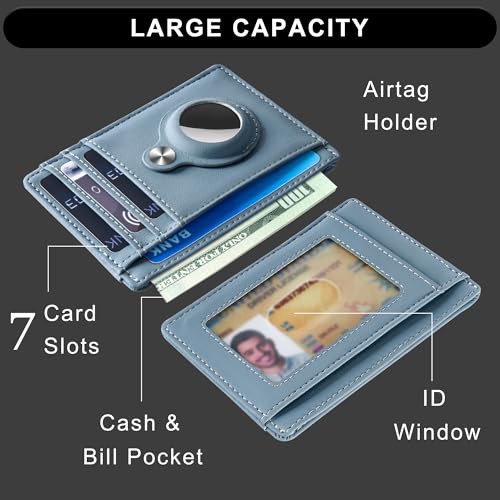 Image of Hawanik Slim Minimalist Front Pocket Wallet with Built-in Case Holder for AirTag, Blue Classic,