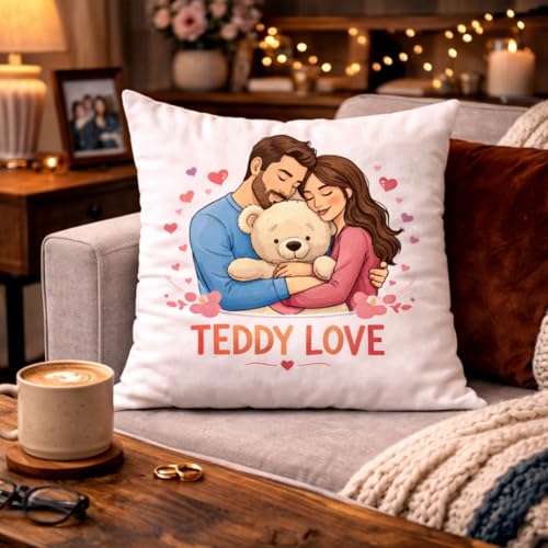 Image of Premium Throw Pillow Cushion | Teddy Day Gift for Girlfriend, Wife & Kids | Cute Love Teddy Design | Valentine Week Special | 16x16 inch with Premium Filler - Teddy Love