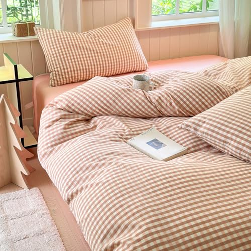 Image of LifeTB Pink Gingham Comforter Set Queen Modern Style Blush Grid Comforter Set 3 Pieces Vintage Plaid Checkered Comforter with 2 Pillowcases Fluffy Soft Farmhouse Gingham Bedding Set Queen Size